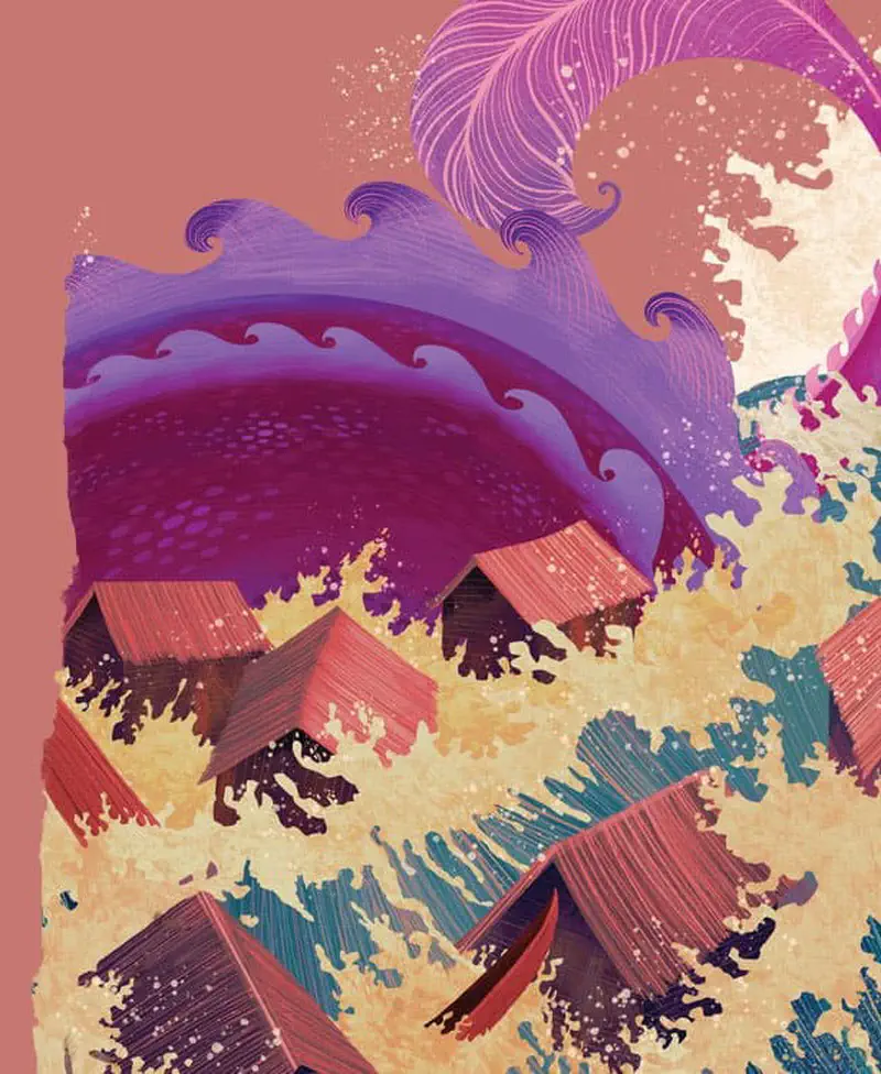 A massive purple wave with dragon-like features crashes over a village of thatched-roof houses in dramatic swirling colors.