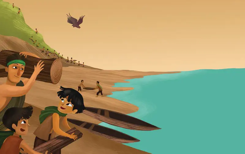 Villagers carry logs and build boats on the beach while an eagle flies overhead and people climb the distant hillside.
