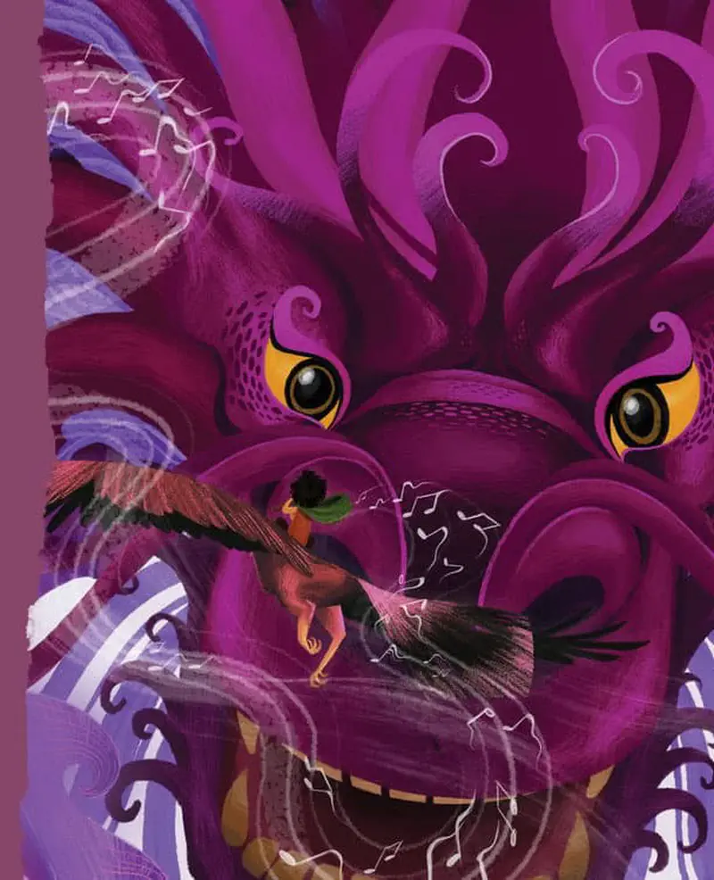 A boy rides a giant eagle playing a flute to calm a massive purple sea dragon with yellow eyes amid swirling waves.