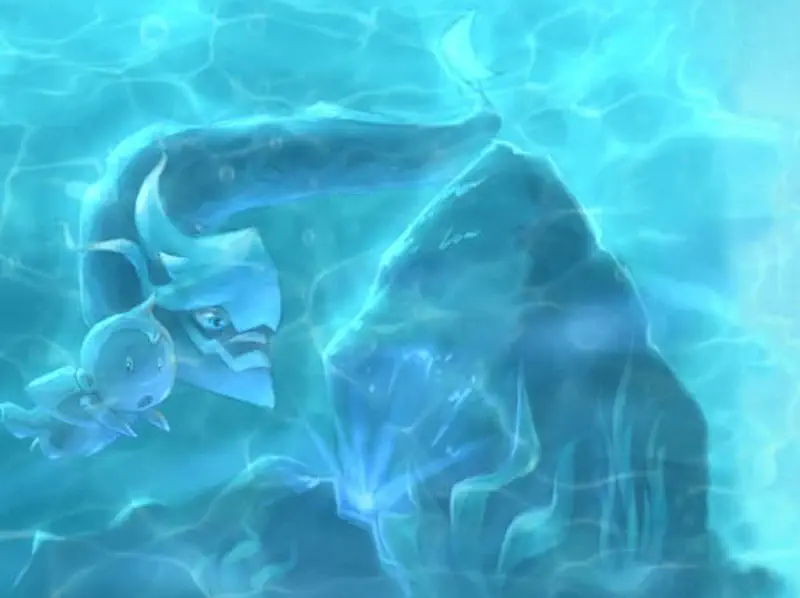 A sea serpent creature with a small companion discovers a glowing crystal near underwater rocks, surrounded by shimmering turquoise water.