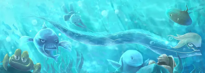 An underwater scene with various sea creatures including an angry fish, a crab, a squid, and an eel swimming among bubbles and seaweed.