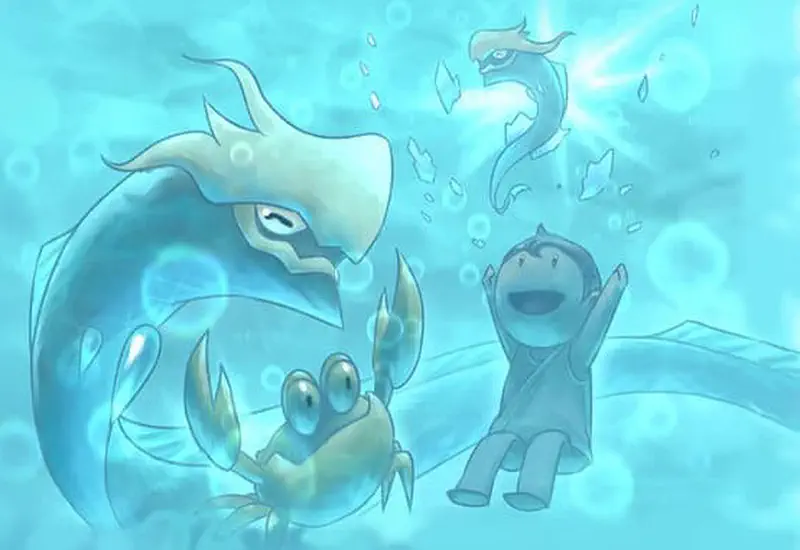 A happy boy underwater waves at friendly sea creatures including a sea serpent, crab, and dolphins amid bubbles and light rays.