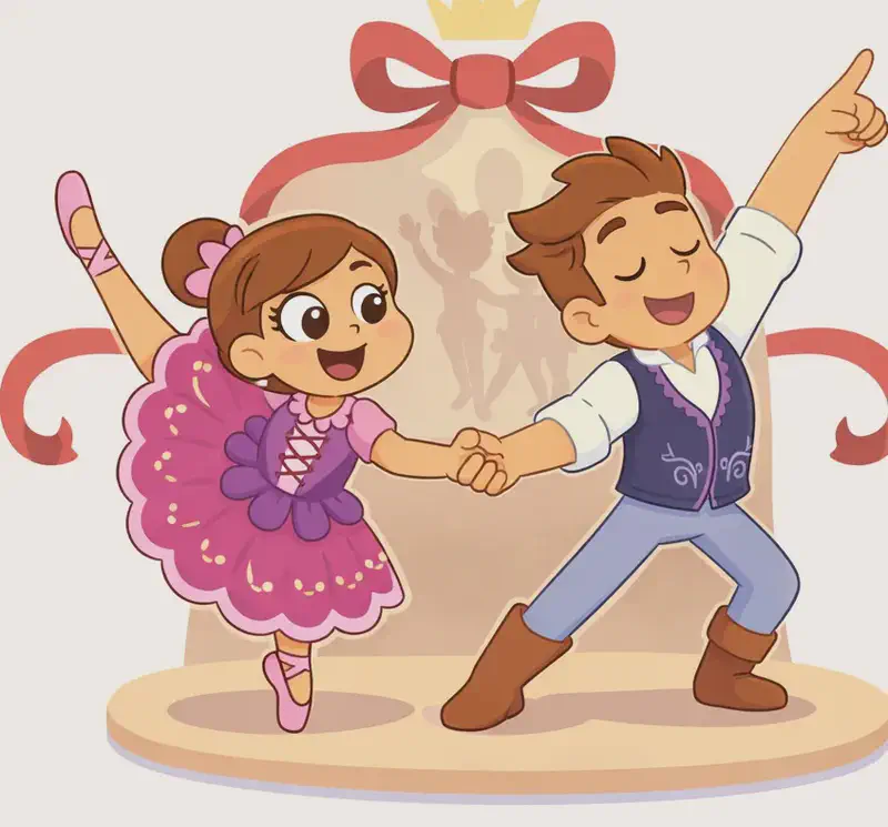 On the right side of the image, The Ballerina and The Male Dance Partner perform a ballet pas de deux on a small stage platform. The Ballerina is up on pointe with one leg extended gracefully behind her, smiling joyfully as she holds hands with The Male Dance Partner. The Male Dance Partner is in a wide lunging pose with one arm extended upward, eyes closed and smiling confidently. Behind them, a large decorative red ribbon frames a backdrop showing silhouetted figures, topped with a small golden crown. The left side of the image is plain white background.