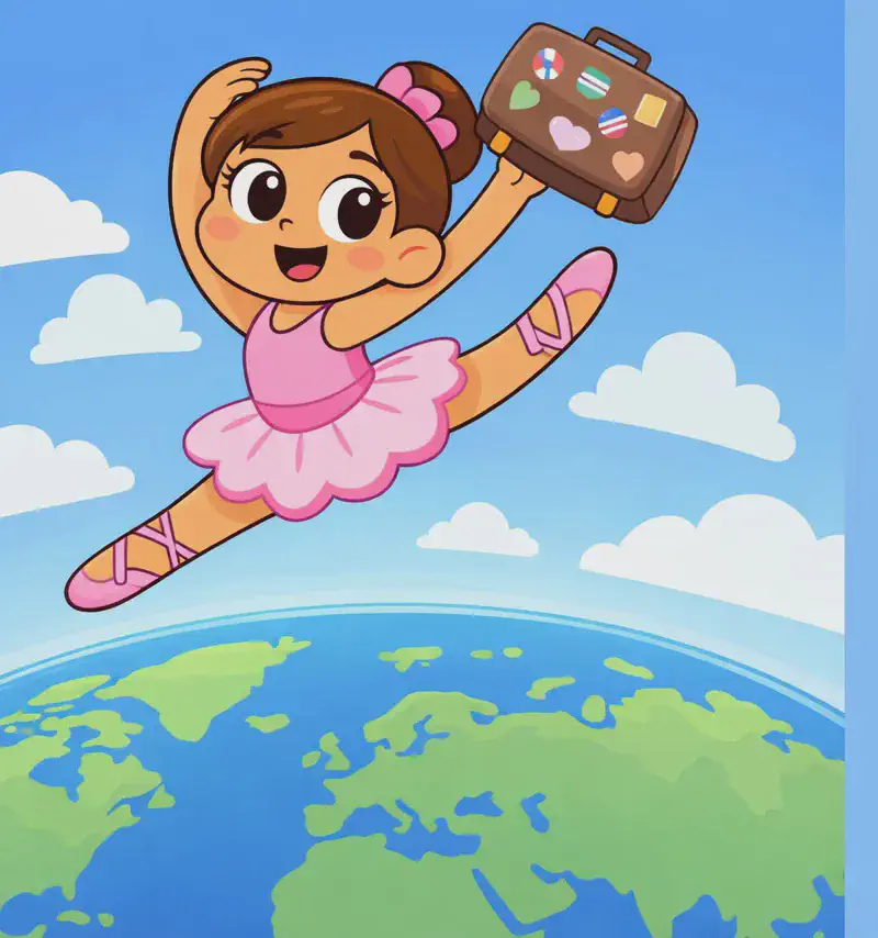 On the left side of the image, The Ballerina leaps joyfully through the sky above a curved view of the Earth, performing a grand jeté with legs extended wide. She is smiling with a determined, excited expression, holding a travel suitcase covered in colorful stickers high above her head with one hand. The scene is set outdoors against a bright blue sky with soft white clouds, the green and blue globe visible below her, conveying a sense of adventure and world travel.