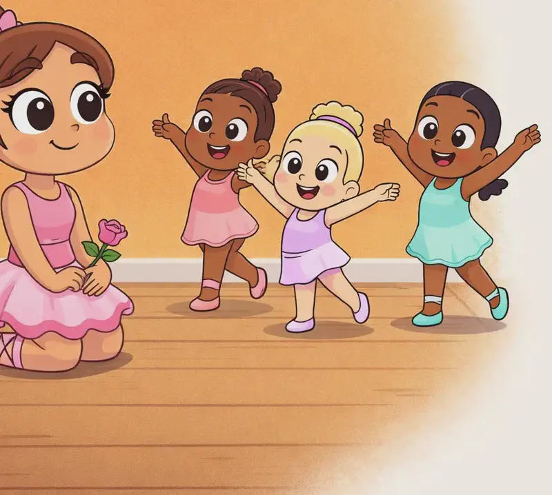On the left side of the image, The Ballerina kneels on a wooden dance studio floor, smiling warmly as she watches three young children practicing ballet. The children are joyfully striking dance poses with arms outstretched, beaming with excitement. The scene is set indoors against a warm orange-toned backdrop, conveying the fulfillment of The Ballerina's dream of opening her own ballet school. The right side of the image is plain white background.