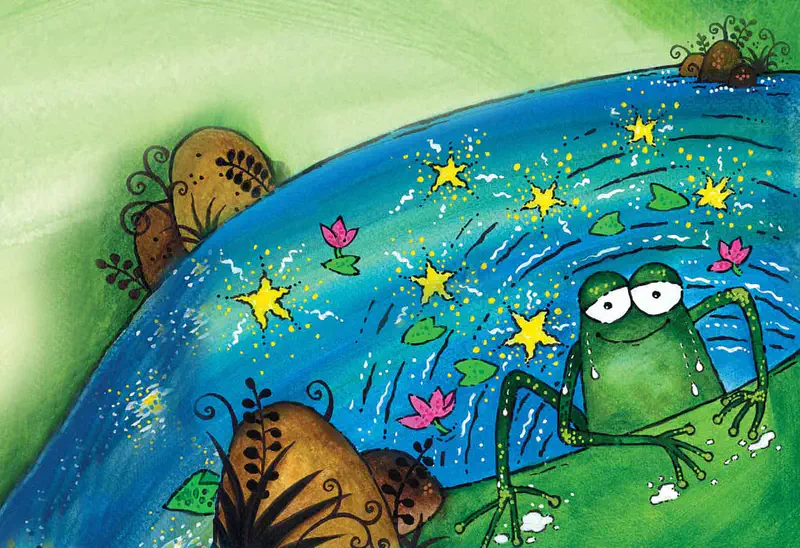 A frog sits by a pond at night watching yellow stars float on the blue water among pink lotus flowers and lily pads.