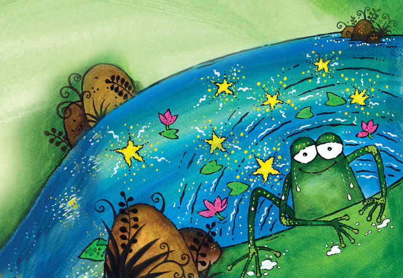 A frog sits contentedly by a pond watching yellow stars float on blue water among pink lotus flowers and green lily pads.