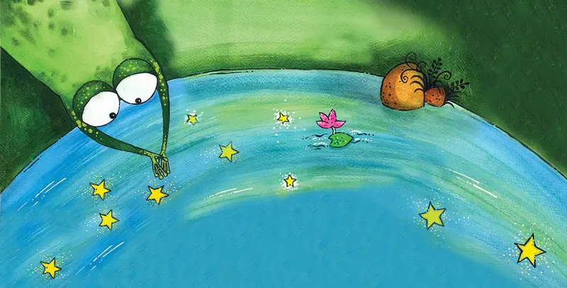 A frog reaches into a blue pond to touch floating yellow stars, with a pink lotus and rocks in the background.