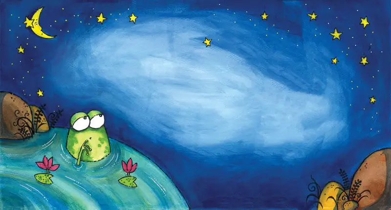 A thoughtful frog sits in a pond at night gazing at a starry sky with a crescent moon, pink lotus flowers floating nearby.