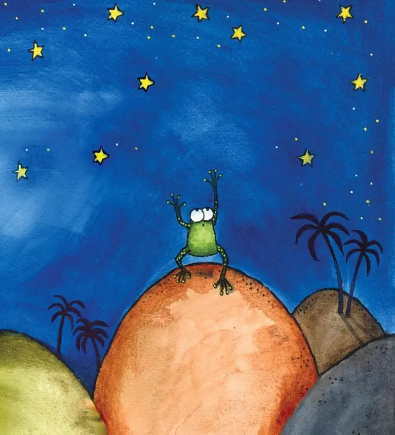 A frog stands on a hilltop at night reaching toward the stars, surrounded by palm trees under a deep blue starry sky.