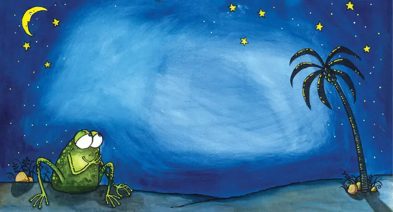 A relaxed frog sits gazing at a starry night sky with a crescent moon while a palm tree stands in the distance.