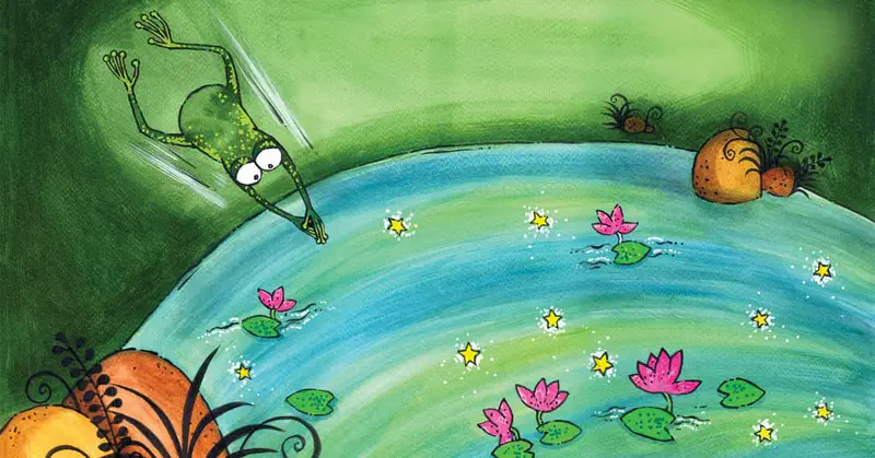 A frog dives headfirst into a pond filled with pink lotus flowers, lily pads, and floating yellow stars on turquoise water.
