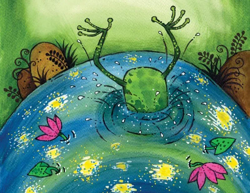 A frog splashes joyfully into a pond with arms and legs raised, creating ripples among yellow stars and pink lotus flowers.