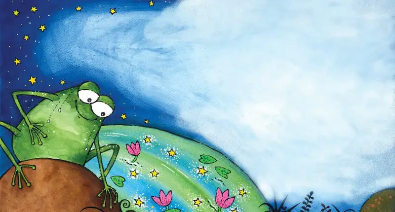 A happy frog sits on a rock beside a pond with lotus flowers and stars, as night transitions to dawn in the sky.