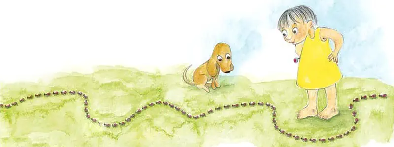 A girl in a yellow dress and her brown dog watch a trail of ants marching in wavy lines across green grass.
