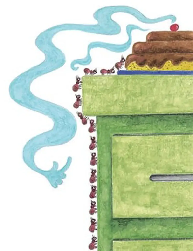 A line of ants climbs up a green dresser following a scent trail toward a chocolate cake with a cherry on top.