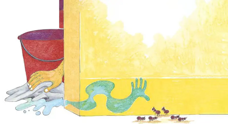 Ants march along a yellow wall following a scent trail while a hand with sponge and red bucket cleans the corner.