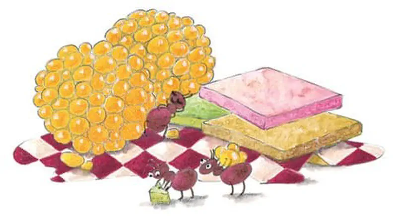 Two ants carry food on a red and white checkered picnic blanket near stacked sweets and a pile of orange treats.