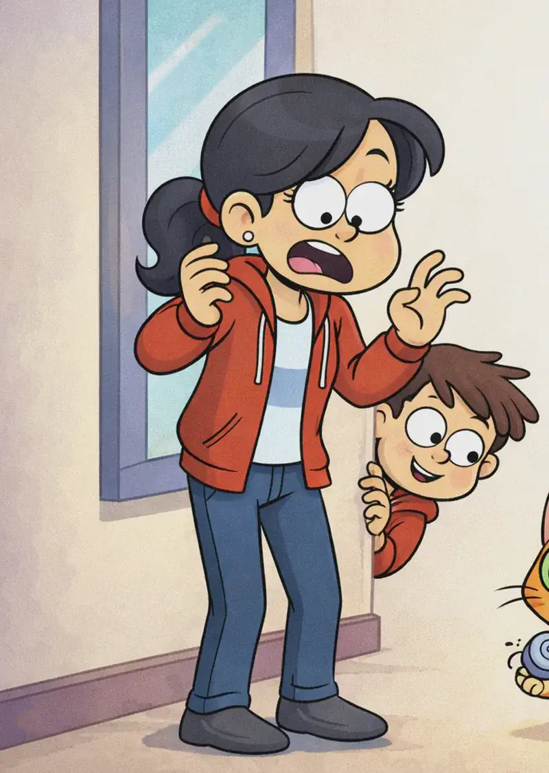 On the left side of the image, Mom stands with a shocked, disgusted expression, her hands raised in alarm as she looks down at The Cat, who sits calmly on the floor near the window holding a snail in its paws with a proud, unbothered expression. One of the kids peeks out from behind Mom, looking on with a curious, amused smile trying not to laugh. The scene is set indoors near a window, with soft natural light coming in. The right ~40% of the image is plain white background.