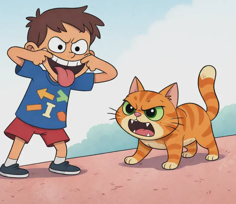 On the right side of the image, Naughty Neighbor Boy stands in a taunting pose, pulling the corners of his mouth wide with his fingers and sticking his tongue out mockingly. Beside him on the far right, The Cat faces him with a fierce, angry expression — mouth open in a growl, showing teeth, standing in a tense, confrontational stance. The scene is set outdoors on a pink-toned sidewalk or path with a soft blue sky behind them. The left side of the image is open, plain background.