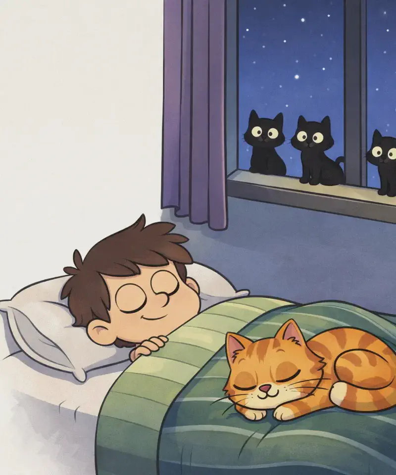 On the right side of the image, The Cat is curled up contentedly at the foot of a bed, eyes half-closed and purring peacefully. One of the kids is lying in bed under a green-striped blanket, asleep with a calm expression. The scene is set indoors at nighttime in a cozy bedroom, with a window on the far right showing a dark blue night sky and purple curtains partially drawn. Through the window, three cats are visible sitting on the outside windowsill, peering in through the glass with curious expressions.