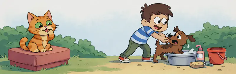 In the lower half of the image, The Cat sits on a pink/red cushion or box on the left side, licking one paw with a smug, self-satisfied expression — grooming itself clean. In the lower right, one of the kids stands pushing against a small, muddy brown dog, trying to wash it near a metal tub of water, a bottle of soap, a red bucket, and a scrub brush laid out on the ground. The kid has a determined, slightly strained expression as the dog resists. The scene is set outdoors in a suburban backyard with green bushes in the background. The top half of the image is plain white/light blue watercolour wash.