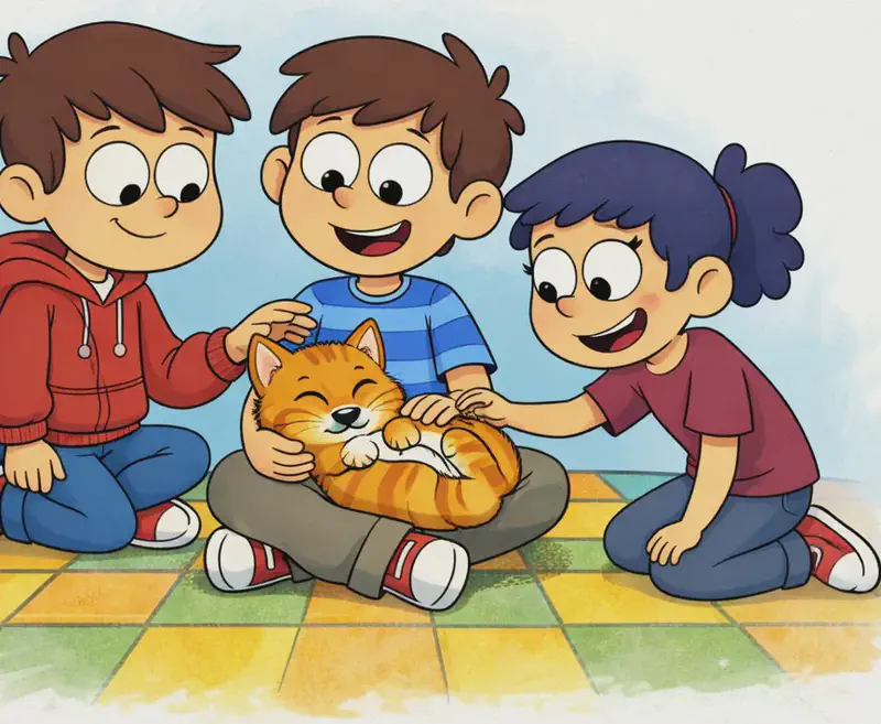 On the left side of the image, three kids are sitting and kneeling on a colourful checkered floor in yellow, green, and orange tiles. One of the kids, a boy with brown hair in a blue striped shirt, sits cross-legged in the centre, smiling happily while holding The Cat in their lap. The Cat, an orange tabby, is curled up contentedly on the kid's lap with eyes closed, looking relaxed and happy. A second kid, a boy in a red hoodie and jeans, kneels on the left beside them, leaning in with a smile and reaching out to pet The Cat's head. A third kid, a girl with a dark blue ponytail wearing a maroon shirt, kneels on the left side beside them, smiling and also reaching over to pat The Cat. The right ~40% of the image is plain white background. The scene is indoors with a soft blue wash suggesting a cosy living room setting.