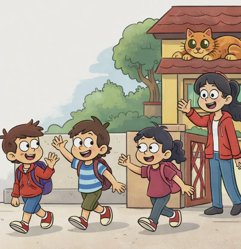 On the right side of the image, Mum stands smiling at an open front gate of a suburban house, waving goodbye to the kids as they head off to school. The kids are walking away from the house with backpacks — one boy waves back cheerfully while another boy and the girl walk ahead with arms outstretched in excited motion. The Cat is lounging contentedly on a ledge or windowsill above the front porch of the house, watching the scene below. The setting is outdoors on a bright daytime morning, with trees and greenery visible behind the house. The left side of the image is plain white background, leaving space for text.