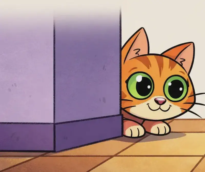 In the lower half of the image, The Cat peeks around a purple wall corner at floor level on the left side, in a low crouch with a focused, determined expression and wide green eyes, watching a small grey mouse on the right. The mouse is scurrying across a tiled kitchen floor carrying crumbs in its mouth. The scene is set indoors on warm-toned tile flooring with a pale wall behind.
