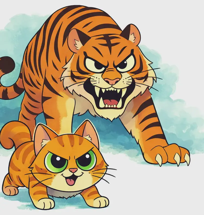 On the left side of the image, The Cat stands in the foreground with a determined, slightly mischievous expression, looking directly at the viewer. Behind The Cat looms a large tiger — representing The Cat's fantasy of growing big — standing in the same pose with a fierce expression, sharp claws extended and fangs bared, set against a soft blue-green watercolour cloud. The right ~40% of the image is plain white background.