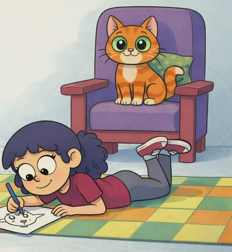 On the right side of the image, The Cat sits perched on a purple armchair with a green polka-dot cushion, gazing forward with a calm, self-assured expression. In front of the chair, the girl (shoulder-length dark navy-blue wavy hair, maroon t-shirt, gray pants) lies on her stomach on a colorful plaid rug, drawing a picture of a cat on a sheet of paper with a focused expression. The scene is set indoors in a cozy living room with a soft blue-gray background. Only one of the three kids is visible in this illustration.