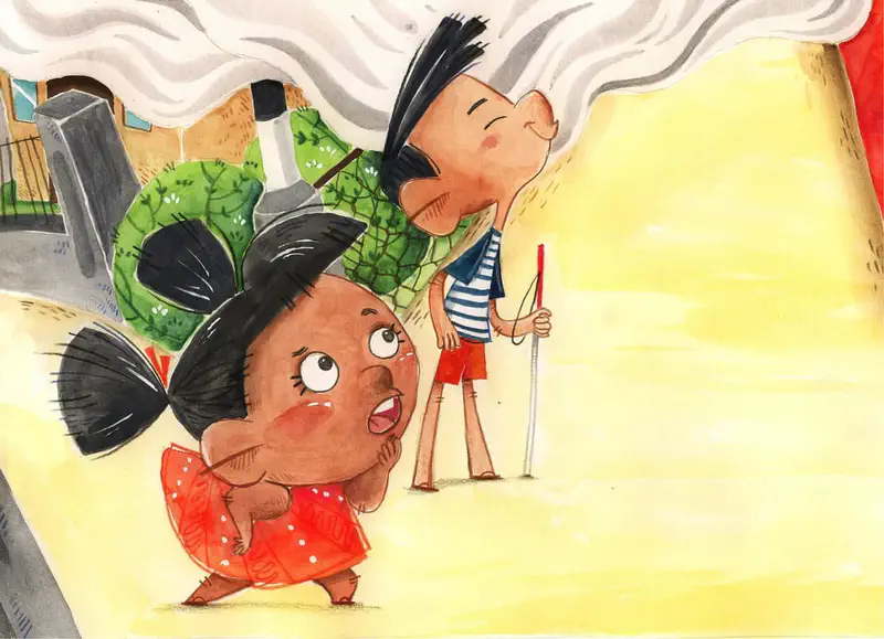 A girl in a red polka dot dress looks worried while a boy with a white cane walks confidently ahead near factory smoke stacks.