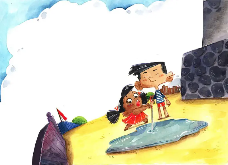 A girl guides a boy with a white cane past a puddle near a stone wall, with a boat visible in the background.