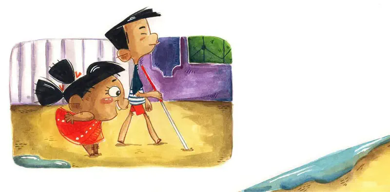 A curious girl watches a boy with a white cane walk past colorful cushions, heading toward the beach visible in the distance.