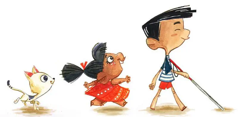 A boy with a white cane leads the way as a girl in a red dress and a small white dog follow behind.