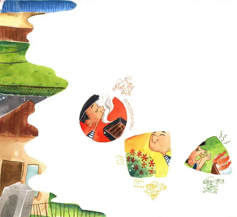 Colorful vignettes show a boy smelling grilled food, someone among flowers, and a person eating, with village houses on the left.