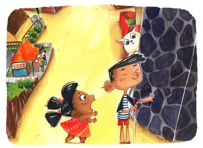A girl talks to a boy with a white cane near a stone wall while a cat watches, a sate food stall visible down the street.