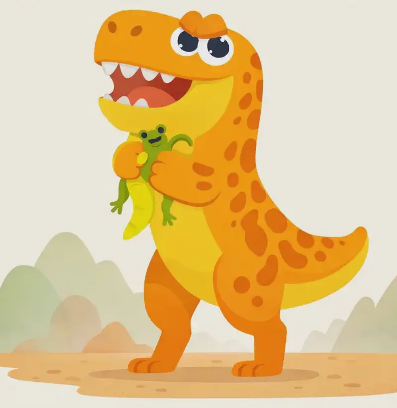 A T-rex stands on the right side of the image in a powerful upright pose, mouth slightly open with teeth visible, gripping a small wriggling creature in its notably short but strong arms. The dinosaur has a slightly humorous, determined expression. The scene is set outdoors against a backdrop of soft, hazy rocky hills and dusty ground, with the left side of the image open as plain background.