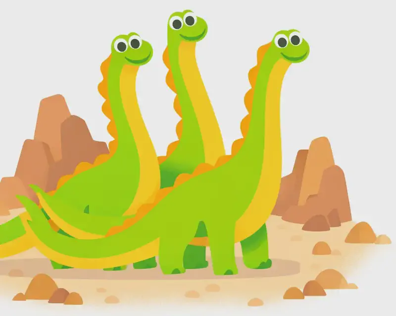 On the left side of the image, three long-necked dinosaurs (sauropods) stand together in a group on rocky ground, all facing slightly right with their necks raised and friendly, smiling expressions as if they know a secret. Their long tails sweep and intertwine behind them to the left. Brown rocky formations rise in the background behind them, with the right side of the image opening to plain white/light background.