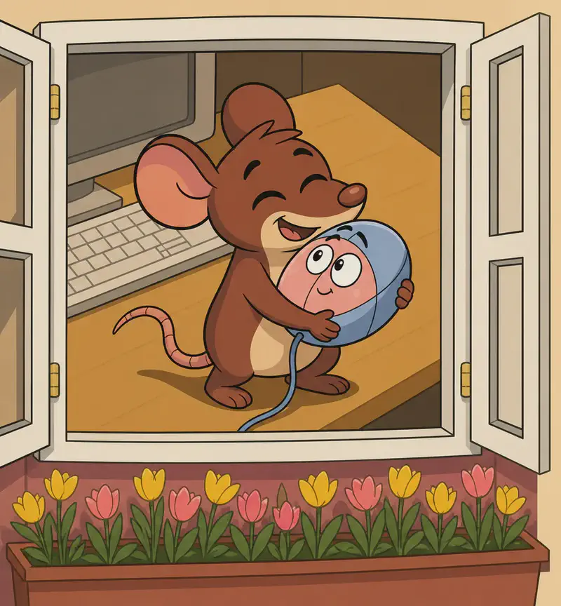 On the left side of the image, viewed through an open window with no bars on it, with a flower box of yellow and pink tulips below the sill, Tik is hugging Klik warmly — lifting the small computer mouse up in a big, affectionate embrace. Tik is smiling with eyes closed, pressing Klik close. Klik's cute face on its pink front panel looks content, its blue cord dangling below. They are indoors, seen from outside looking in through the window, with a keyboard visible on the desk beside them, suggesting a cozy indoor setting with warm golden lighting.