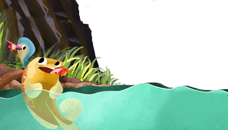 Yellow carp catching red fish in mouth while kingfisher watches from reeds