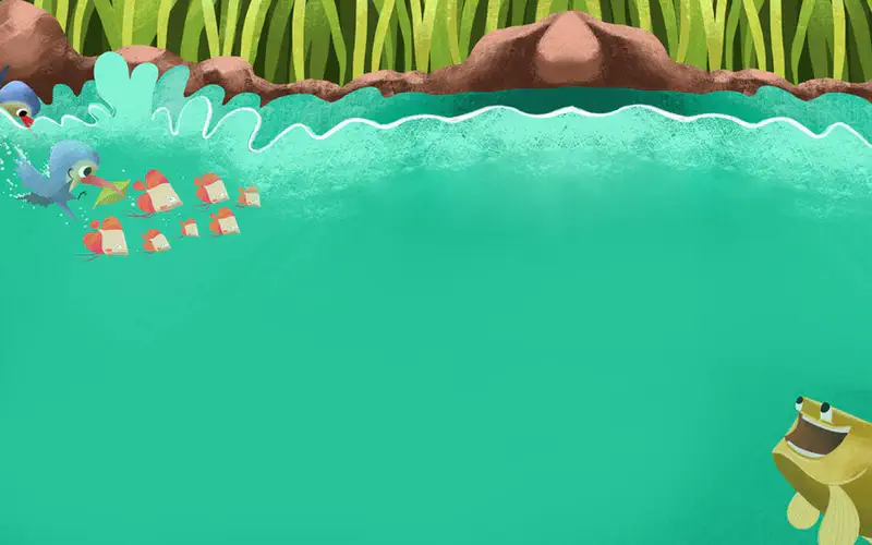 Kingfisher diving into pond chasing school of orange fish while carp watches