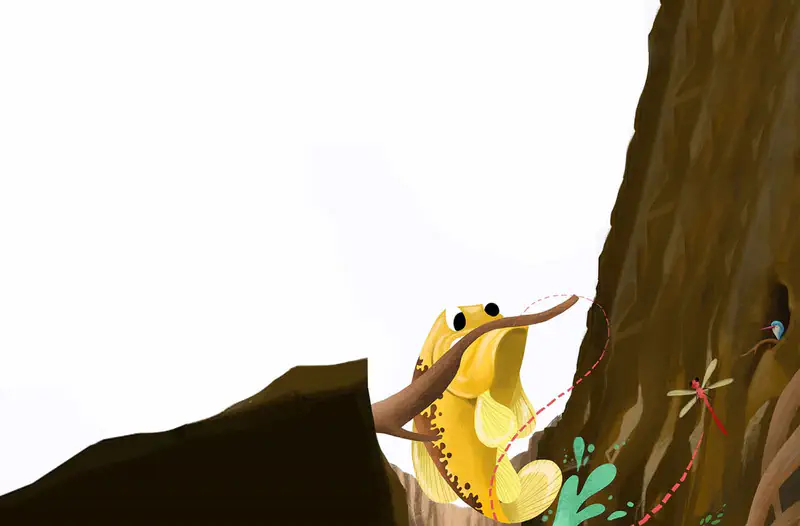 Yellow carp swimming in turquoise pond with lily pads and green plants