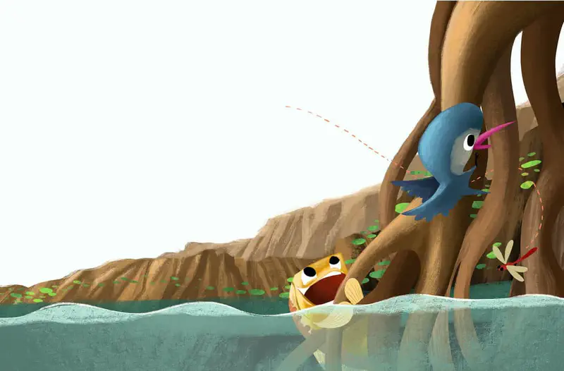 Blue kingfisher spitting water at yellow fish from tree roots by pond