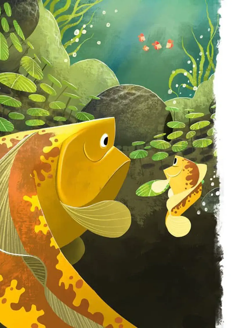 Large yellow carp looking lovingly at small baby fish among lily pads