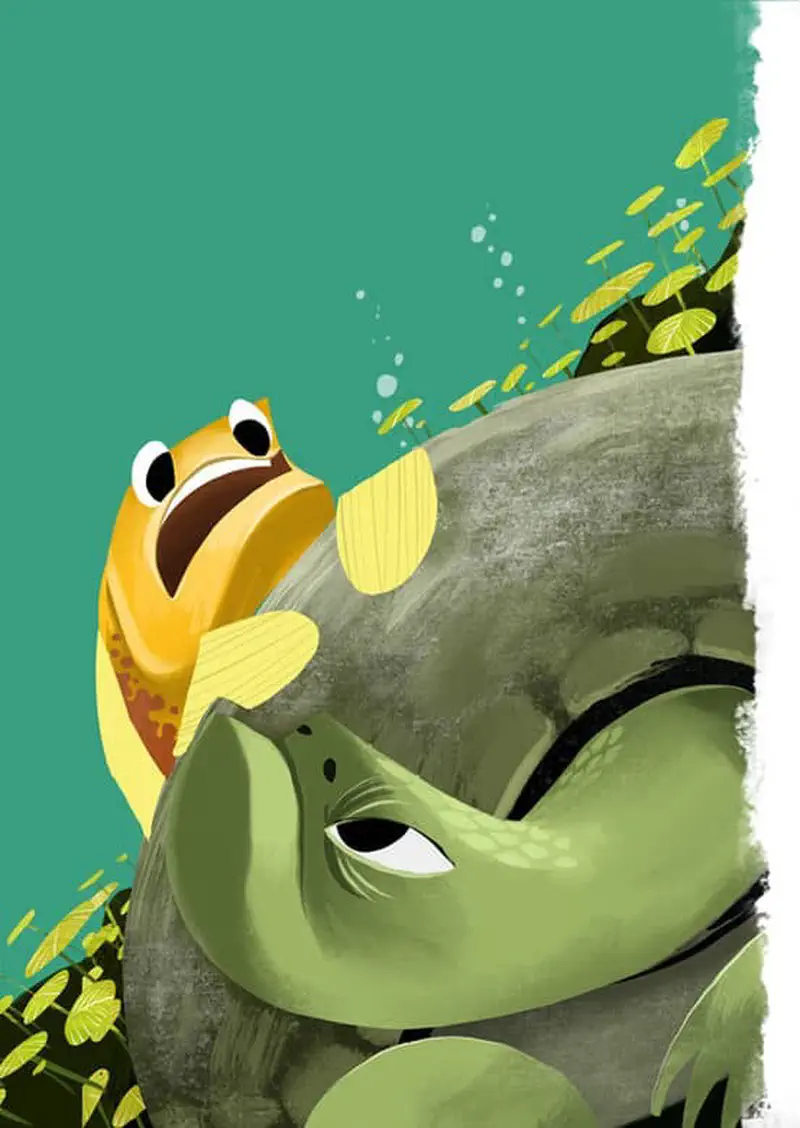 Yellow carp facing grumpy green snapping turtle underwater with plants