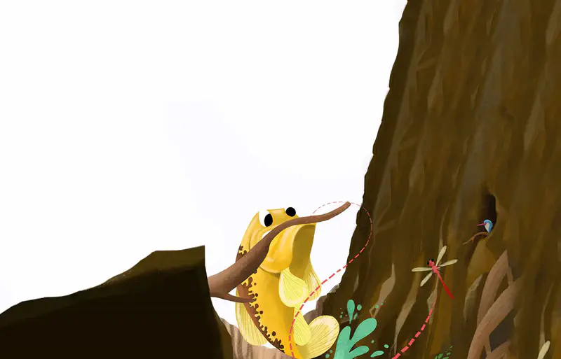 Yellow carp swimming peacefully in calm green pond with plants