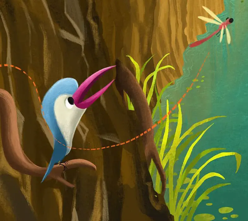 Blue kingfisher on branch watching red dragonfly fly toward pond