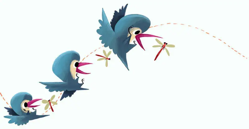 Three blue kingfishers flying in sequence chasing red dragonflies