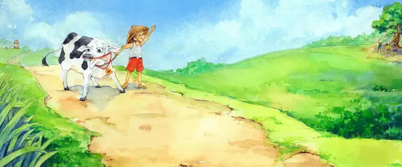 A child wearing a straw hat waves while leading a black and white cow along a dirt path through green rolling hills.